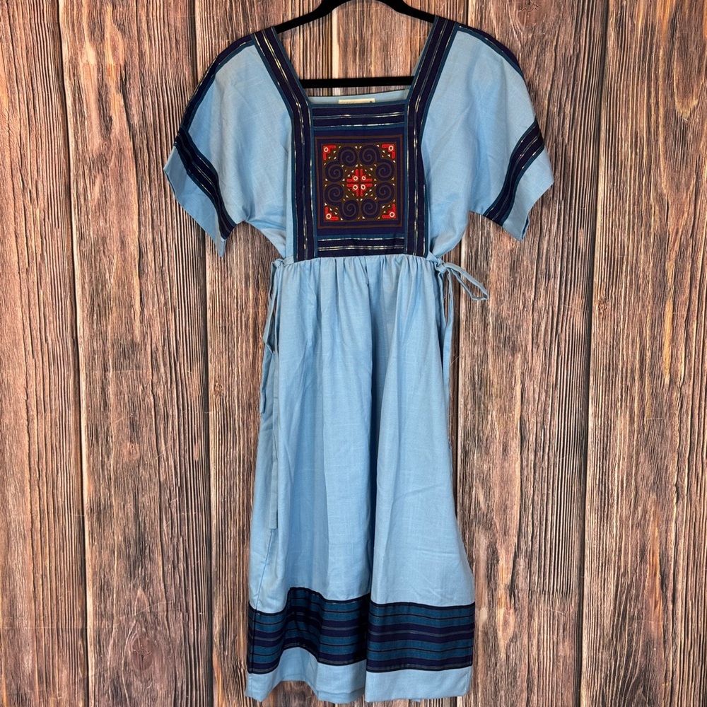 Vintage Meo Fashion By Kit Bohemian Blue Midi Dress with Embroidered Detail